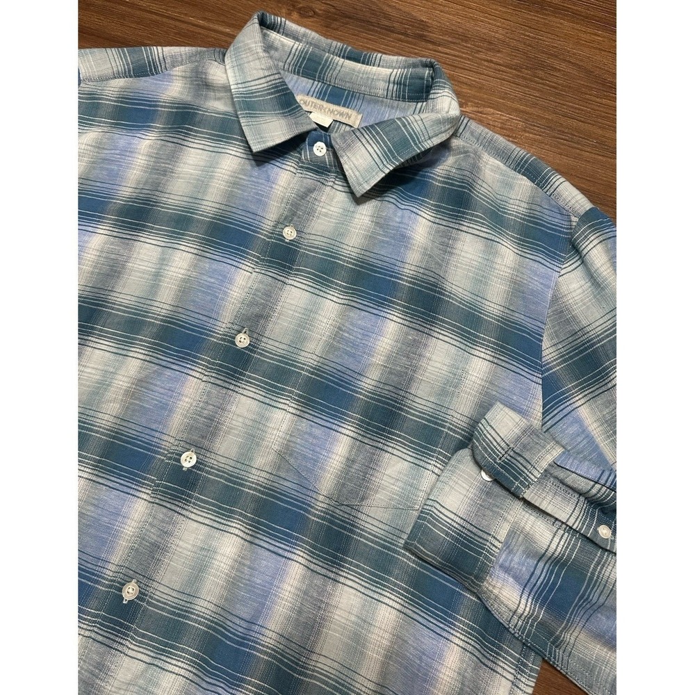 Outerknown Highline Linen Blend Lightweight Blue Plaid Button Up Shirt Sz XL